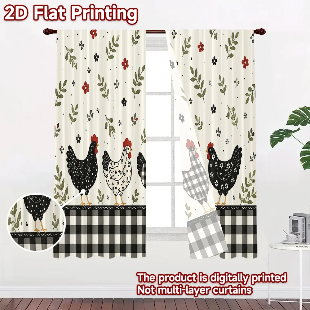 2D FLAT PRINTING 2pcs Curtains (Without Rod) Farmhouse Chicken Parade Popular Window Curtain Semi-Sheer Curtains Easter Eggs