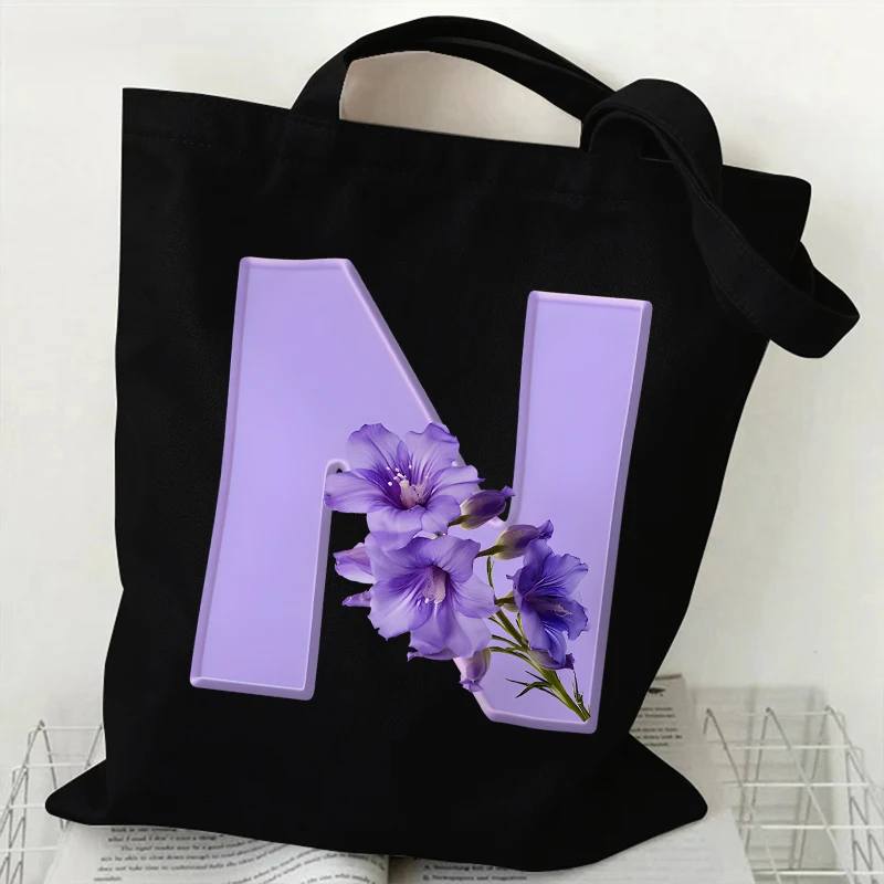 Fashion Purple Flowers Canvas Tote Bag for Women A-Z 26 Alphabet Handbag Harajuku Shopper Bags Aesthetic Female Shoulder Bag