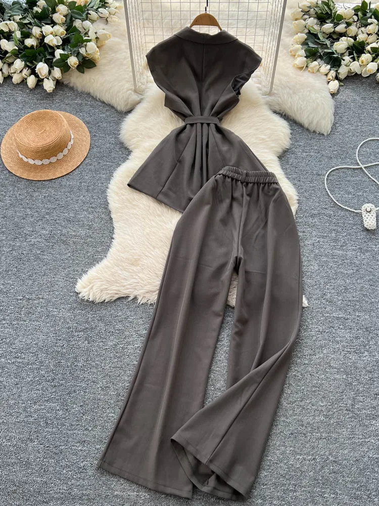 Conjunto f e estilo britânico, calça crida de cintura alta, slim fit, blusa sem mangas com decote em V, conj...