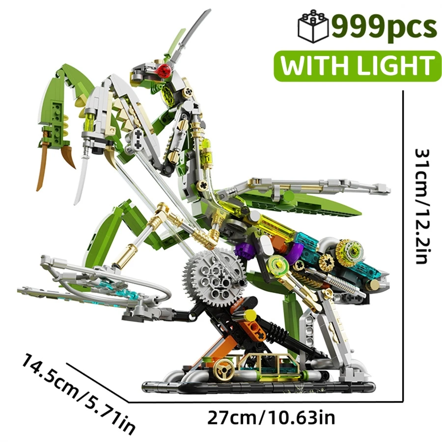 FUNXINEE 999-teiliges Mantis-Roboter-Bausteine-Set mit Licht, kreatives 3D-Puzzle-Modell, Schreibtisch-Dekoration, bestes Geschenk für Kinder und Erwachsene
