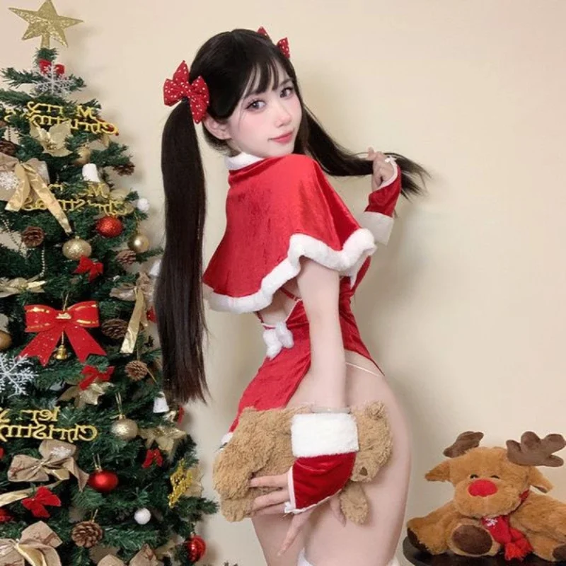 คริสต์มาสกํามะหยี่สีแดง Plush Mini Dress นาฬิกาชุดคอสเพลย์เครื่องแต่งกายปีใหม่ชุด Xmas Nightdress สาวน่ารักชุดชั้นใน