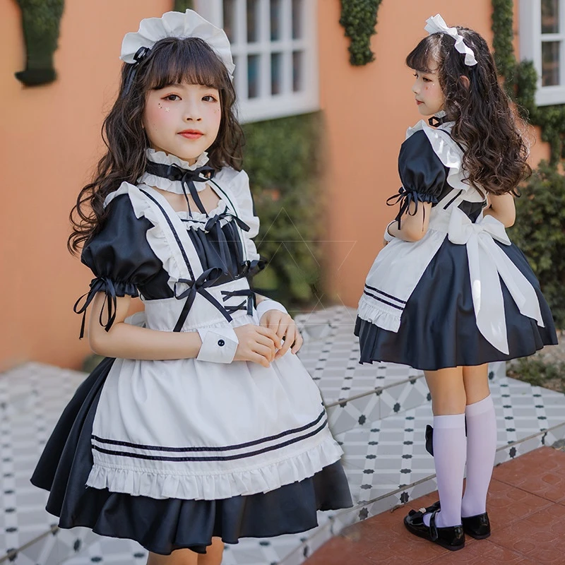 New Kids Lovely Maid Cosplay Costumes Girls Anime Lolita Princess Dress Short Sleeve Ruffle With Headwear Neckwear Suit