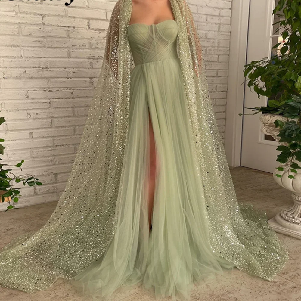 2024 New Arrival Light Green Shiny Women Prom Dress Sexy Side Split Floor Length Sequin Shawl Sleeveless Strapless فساتين سهرة