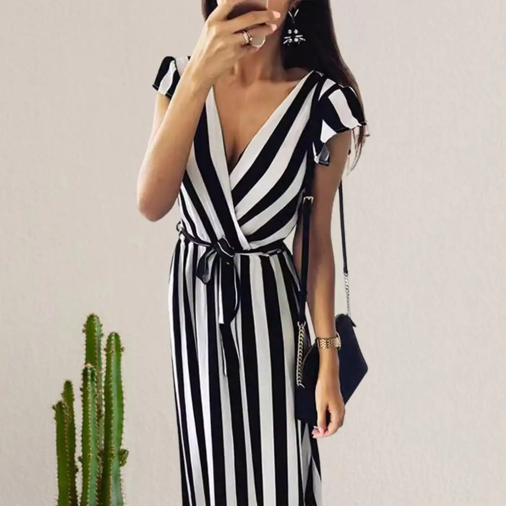 

Dating Midi Dress Stylish Lace-up V Neck Midi Dress for Women Contrast Color A-line Swing Dress with High Waist for Commute