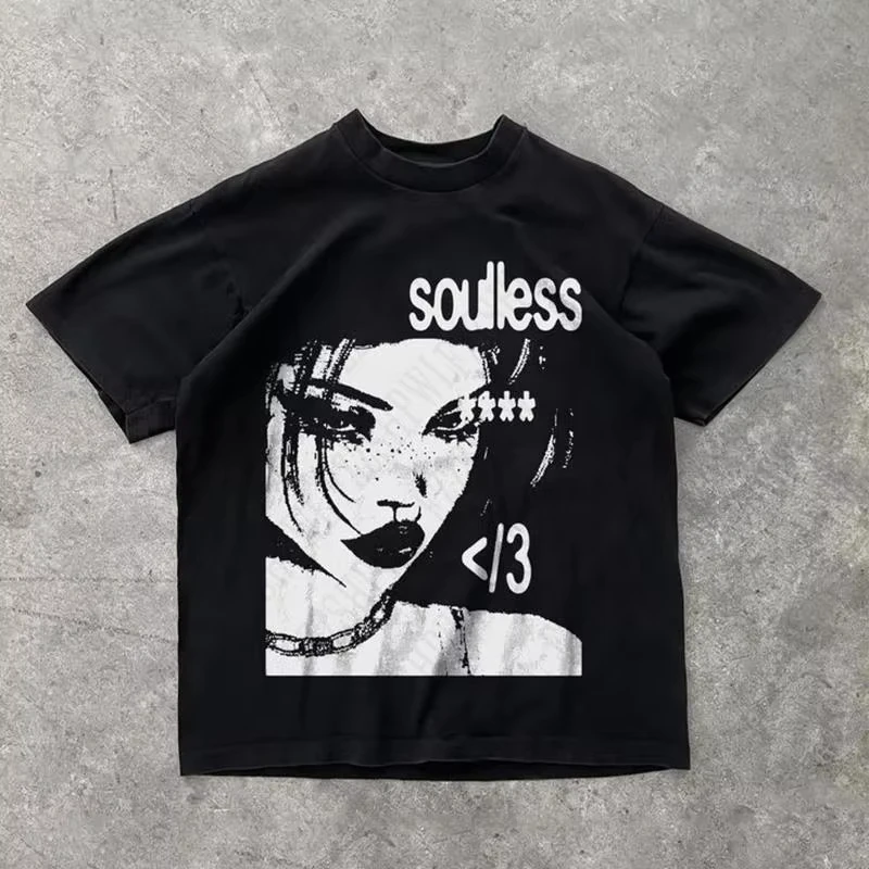 2026 Retro Dark Street T‑Shirt Distressed Grunge Woman Figure Letter Symbol Print Men Loose Short Sleeve Top