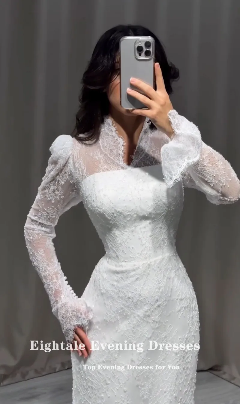 Eightale Arabische Trouwjurk Kant V-hals Aangepaste Wit Ivoor Lange Mouwen Moslim Bruidsjurk Zeemeermin Bruid Feestjurk