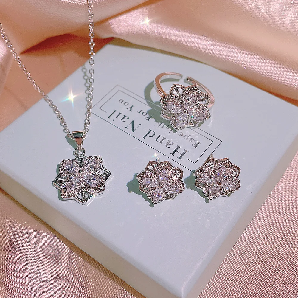 925 silver fashion niche design diamond shining personality earrings women's necklace flower ring set party birthday gift