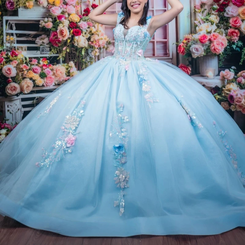 

Sky Blue Quinceanera Dresses Off The Shoulder Applique Flower Beading Crystal Corset Tull Party Birthday Sweet 16 Dress Vestidos