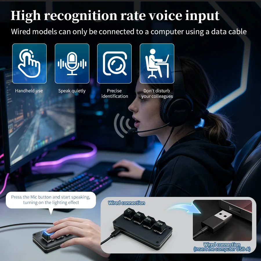 4Key Programmable Macro Keypad with Voice Input RGB Mini Keyboard Wireless Custom Programming Keypads for PS Video Editing Game