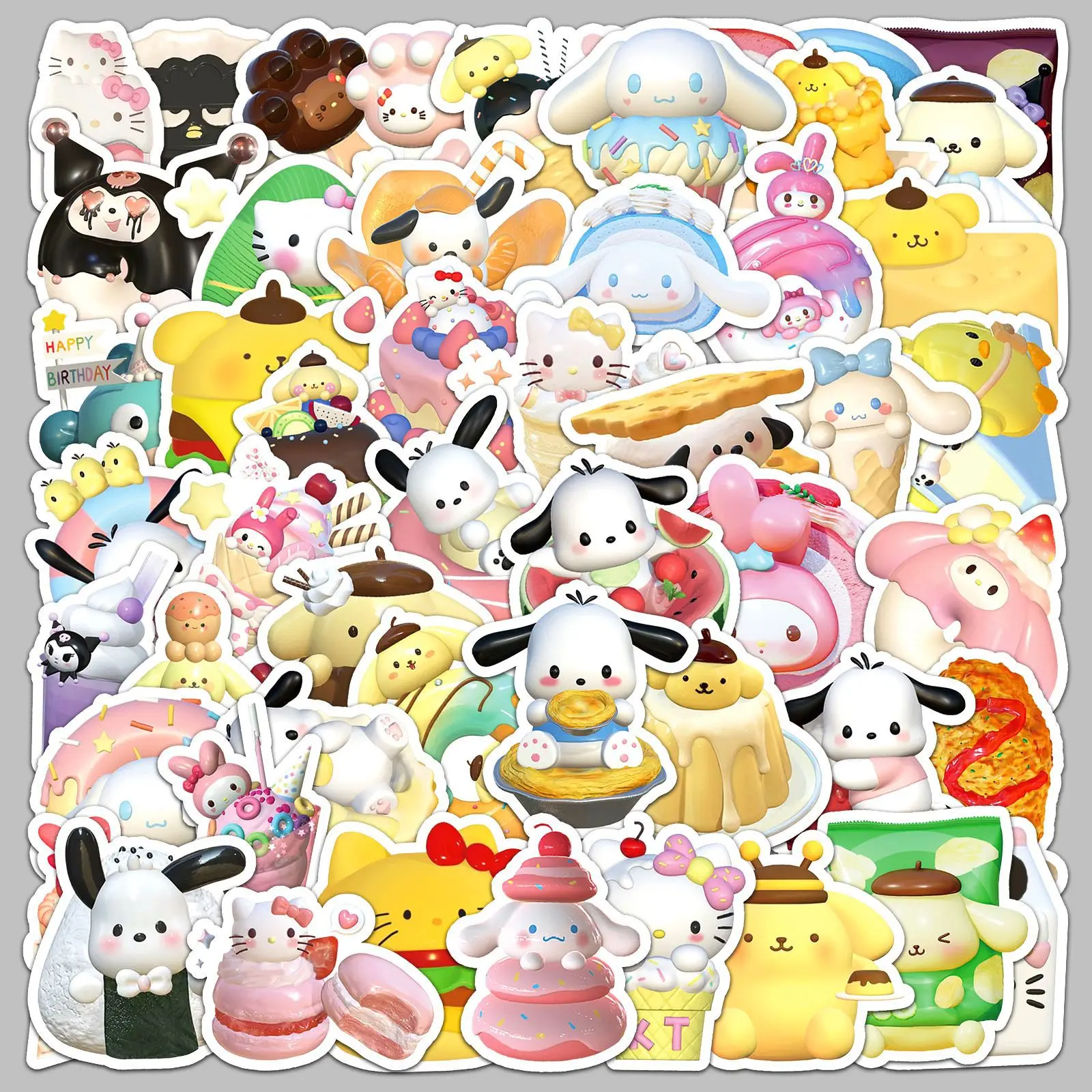 50pcs Cartoon 3D Originality Sanrio Food Graffiti Stickers Girl Decals Toy DIY Phone Case Guitar Laptop Cute Kid Sticker Gift