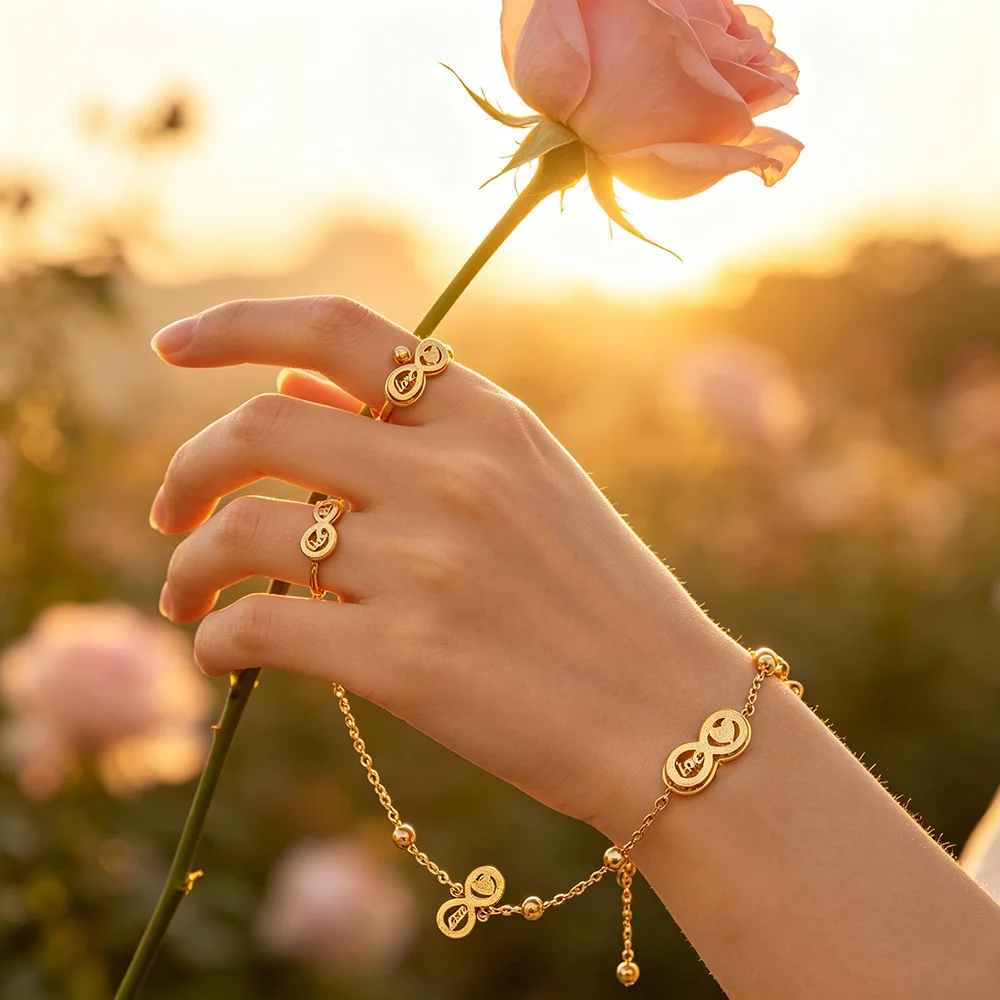 Infinity Forever Love Slave Bracelet Ring Combo 2 In 1 Hand Chain 18K Gold Adjustable Wrist Chain Hypoallergenic Jewelry Gift