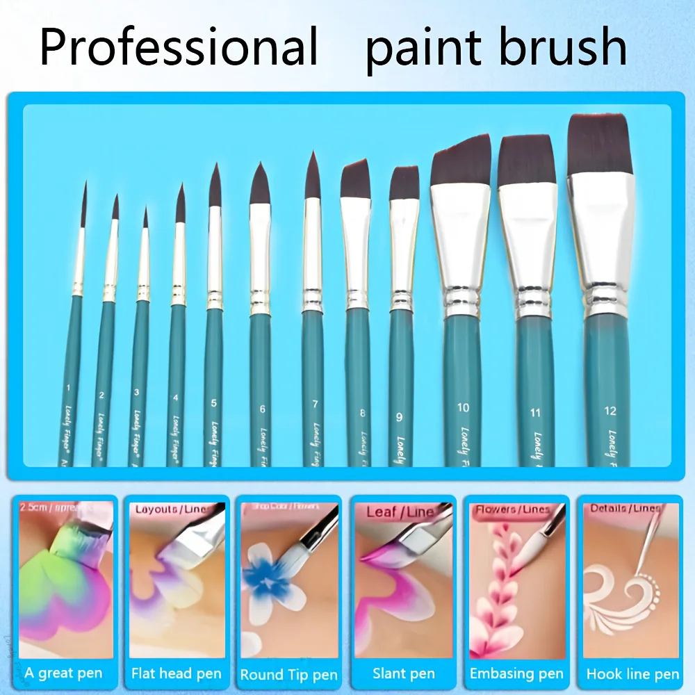 12/24pcs Professional Face Painting Brush Set with Premium Nylon Bristles for Stage Makeup Petal Dome Tips, Embossing & Linework