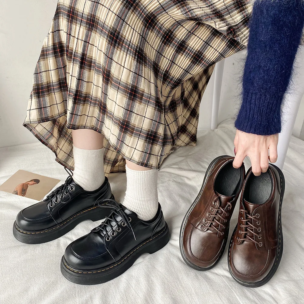 British Style Shoes Woman Flats Shallow Mouth Clogs Platform Oxfords Modis Preppy Dress Creepers Leather Summer New 2024 Rubber