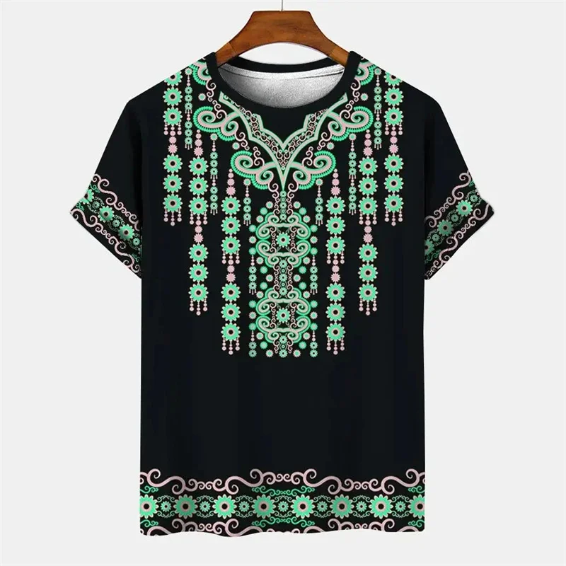 Ethnic Style Pattern T-Shirt Men\'s Vintage African Tradition Stripe 3D Printed T Shirts Street O-Neck Short Sleeve Holiday Tees