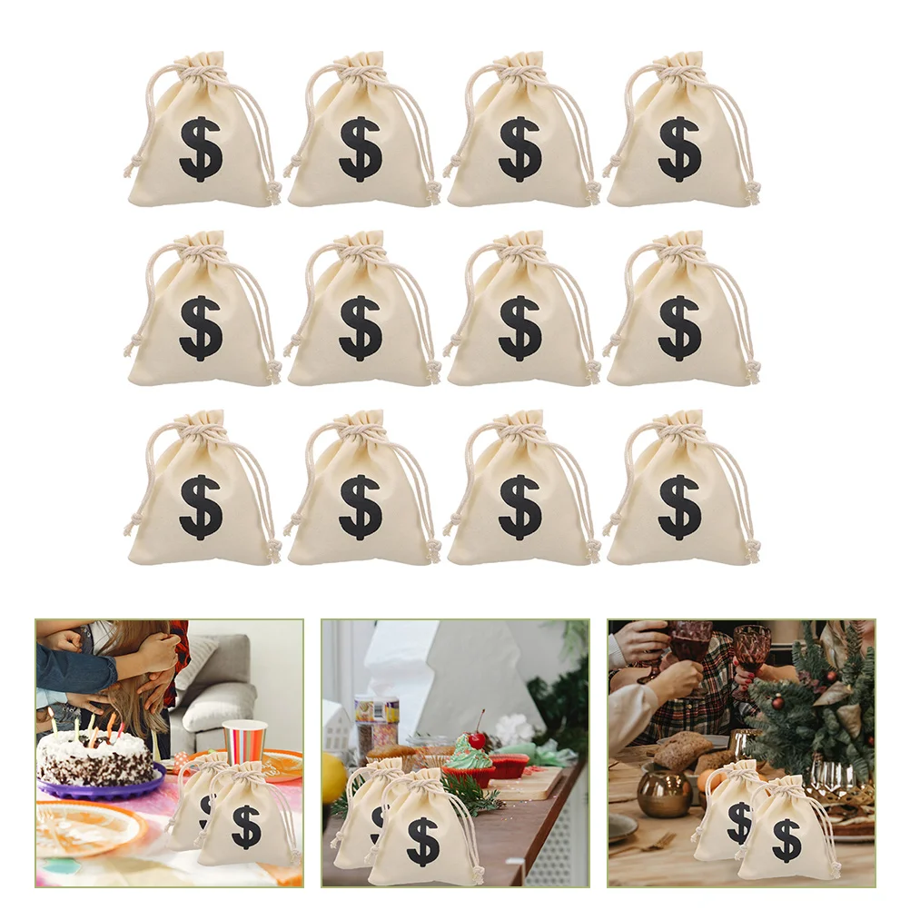 

12pcs Dollar Money Sign Bags Canvas Drawstring Bags Party Gift Treats Bags Treasure Bag Small Drawstring Bags