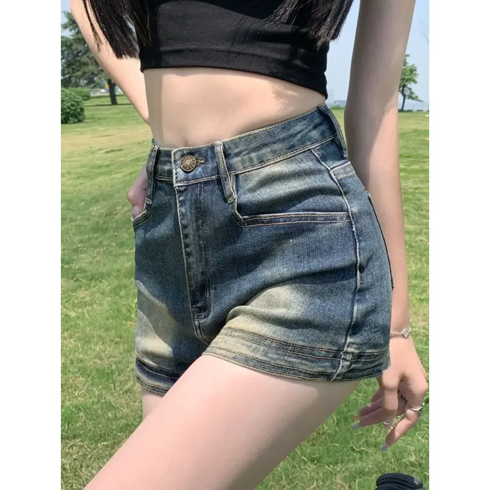 Retro-Denim-Mini-Shorts für Damen, stilvoll, hohe Taille, schlankmachende A-Linien-Hotpants, Baumwolle, lässige Mode, Shorts in Übergröße