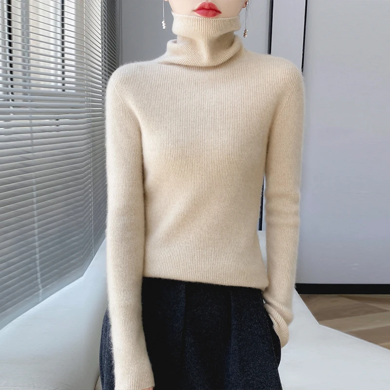 100% Pure Wool Women Sweater Autumn Winter Fashion Pile Collar Pullover Cashmere Sweater Casual Long-sleeved Knitted Tops