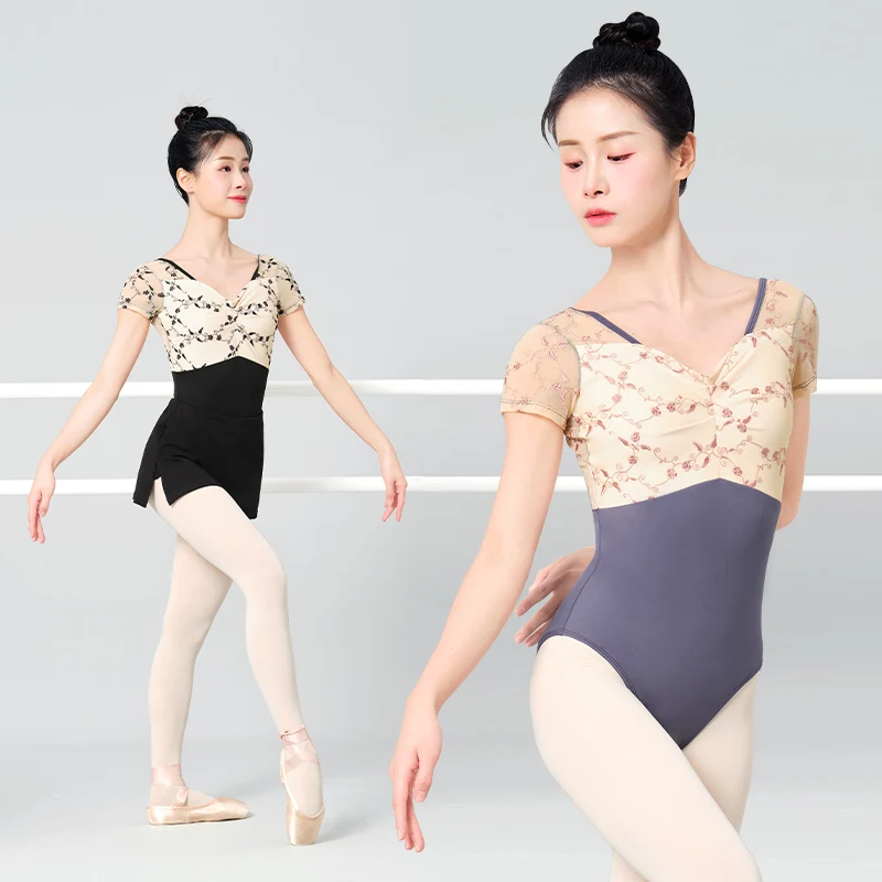 Leotards Bordados Mesh Ballet para Mulheres, Treinamento Ginástico, Forma de U, Roupa de Dança Sem Costas para Meninas, Adulto