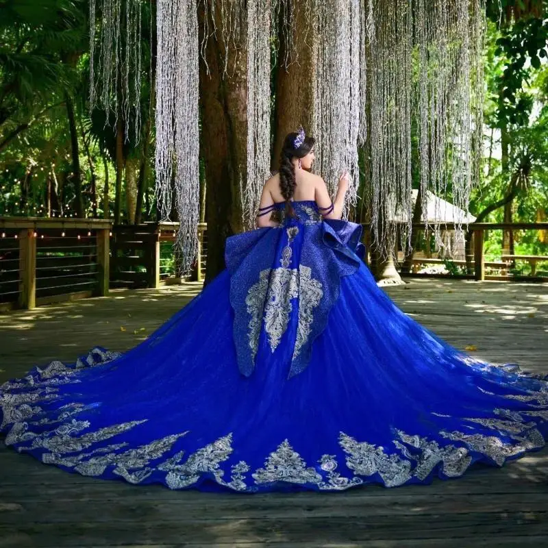 Royal Blue Off The Shoulder Ball Gown Quinceanera Dresses Beaded Appliques Bow Sweet 16 Birthday Party Gowns Robe De Ball Vestid