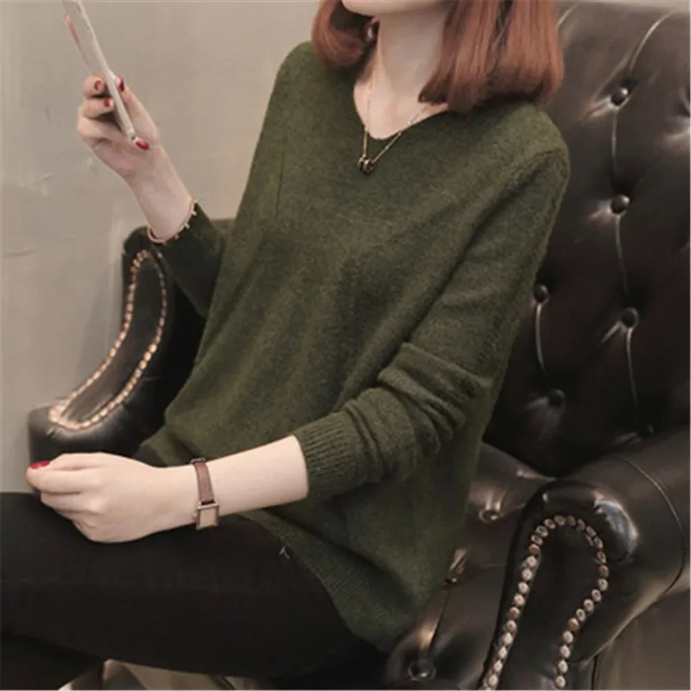 2022 New Fashion Winter Autumn Women Pullover Knitted Sweaters Casual Long Sleeve Elegant Warm Knitwear V-Neck Bottom Tops