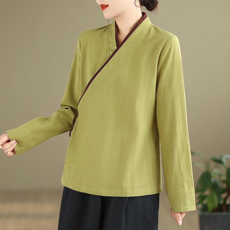 بلوزات نسائية صيفية من القطن والكتان بأكمام طويلة ورباط علوي ملابس شاي Hanfu Zen بلوزة فضفاضة على الطراز الصيني التقليدي