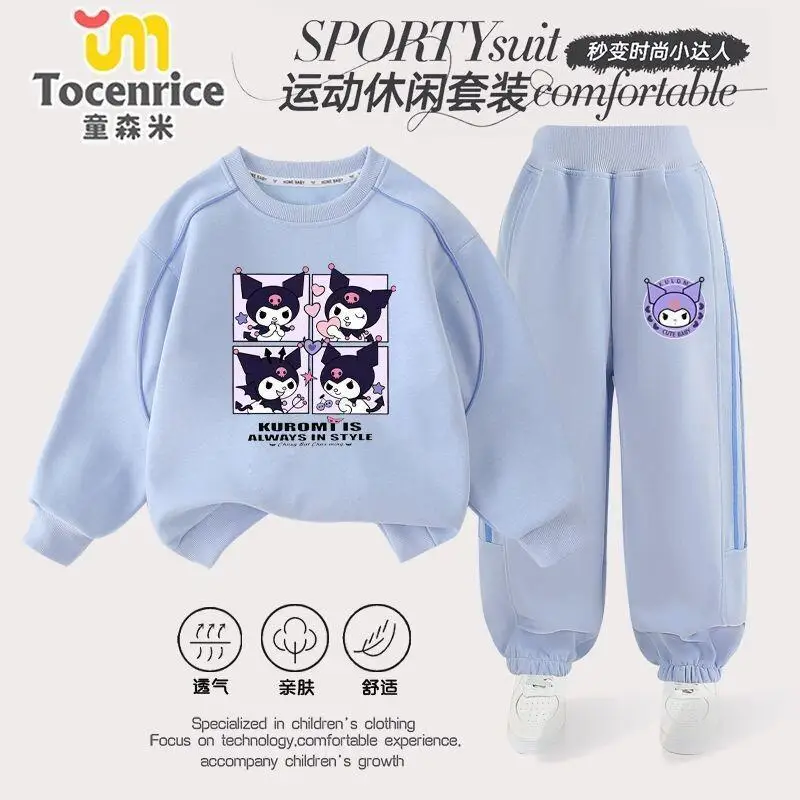 

Комплект с капюшоном Sanrio Kuromi для девочек, хлопковый свитшот, костюм для осени и весны, новая коллекция ранней осени, детская одежда, спортивный костюм с брюками