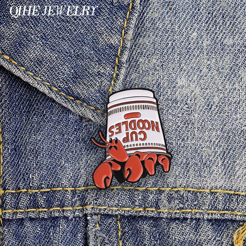 Lobster Cup Noodles Brooch Enamel Pin Cartoon Lobster Emerging From Inverted Noodle Cup Brooch Backpack Lapel Badge Jewelry Gift