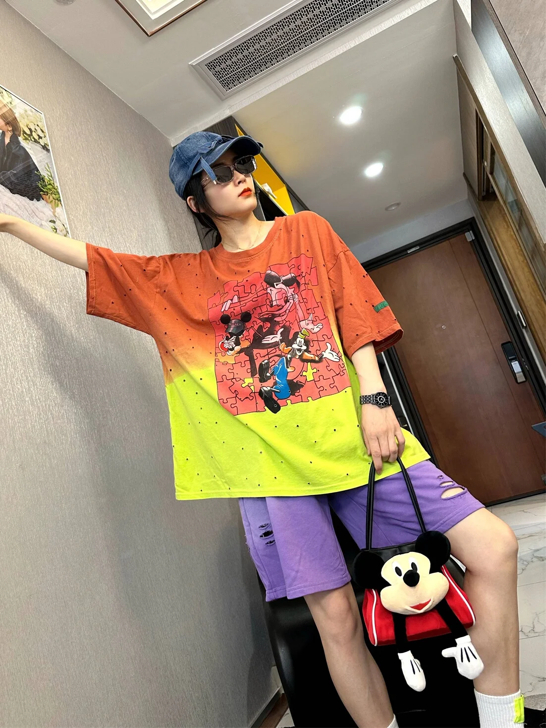 Round Neck Gradient Color Washed Cotton T-shirt Fashionable Top Summer Thin Cartoon Printed Puzzle Short Sleeve Women Clothes