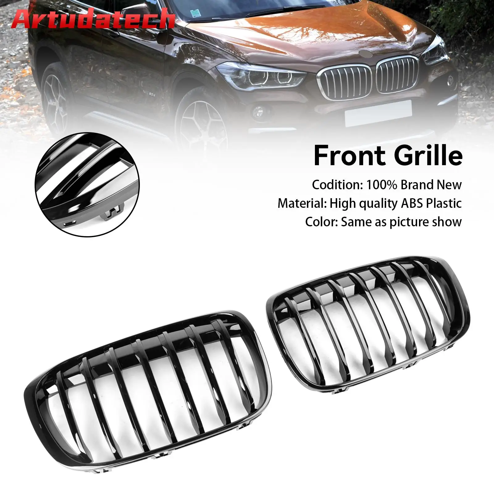 Artudatech 2PCS Gloss Black Front Kidney Grille Grill Fit BMW X1 F48 F49 2016 2017 2018