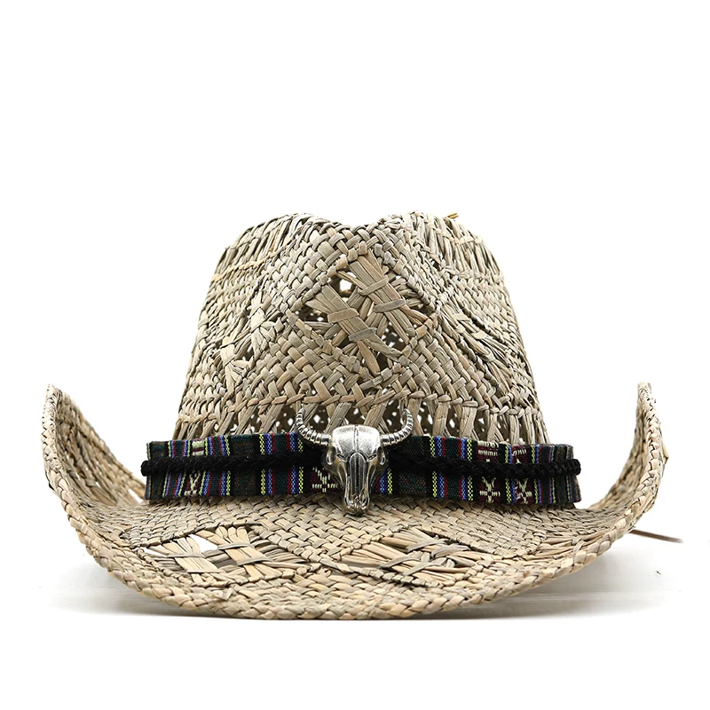 Straw Hats Panama Western Cowboy Straw Women Men Summer Hat Jazz Caps Beach Windproof Rope Cap Out Shading Wide Brim Hat