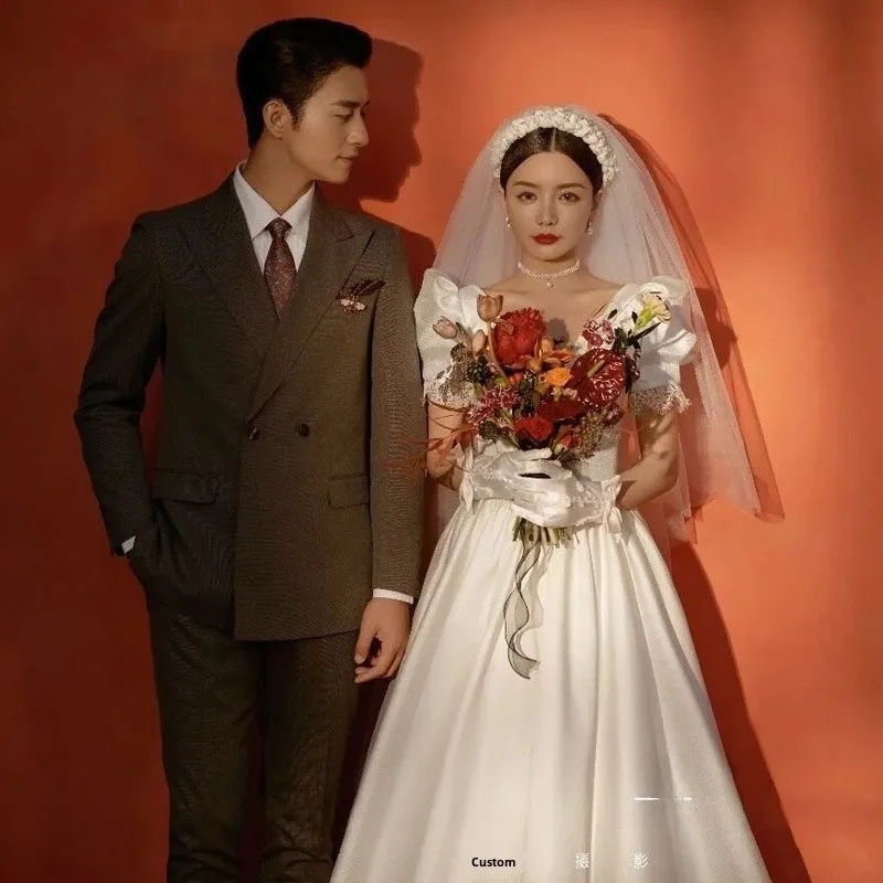 

Retro Satin Wedding Dress New Style Bride Marriage out Door Veil Court Hepburn Style Super Fairy Dreamy Gown Women's Fashion