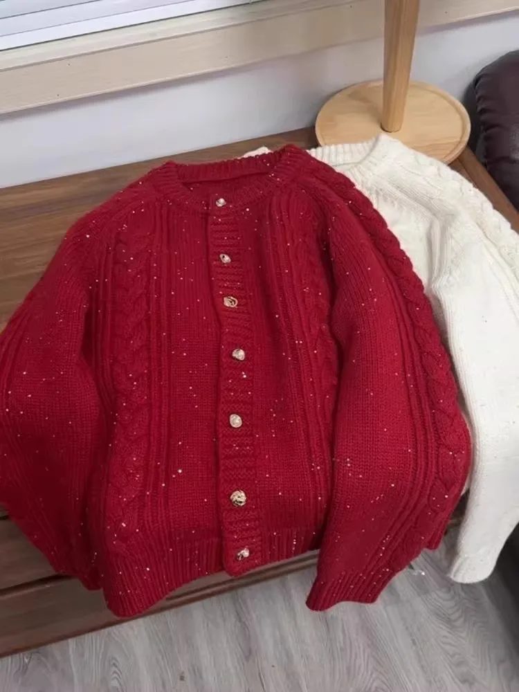 

Осенне-зимний женский комфортный свободный вязаный свитер с длинными рукавами, круглым вырезом, блестящий, на одной пуговице, мягкий, теплый, верхняя одежда