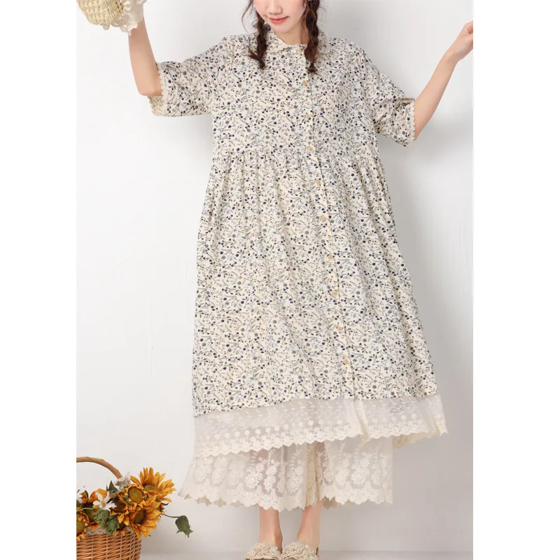 2023 Japanese Mori Gril Dress Summer New Square Neck Lace Floral Dress Women Korean Female Short Sleeve Midi Dress