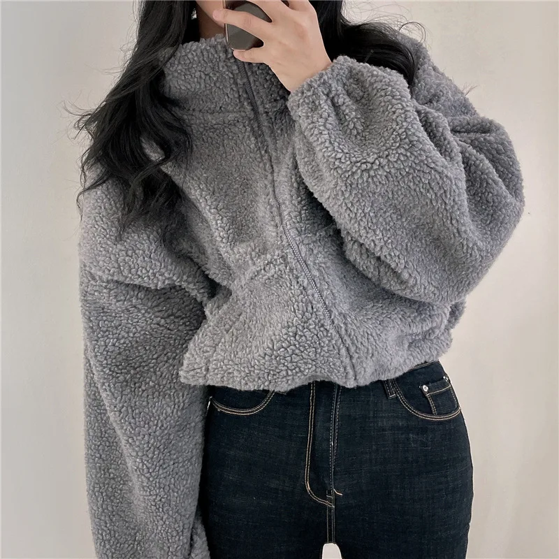 Koreanischer Stil Stehkragen-Hoodie mit Reißverschluss Übergroßer Damen-Hoodie für Herbst/Winter Lammwolle Langarm-Freizeitoberteil Y2K Streetwear-Stil – Detail 21