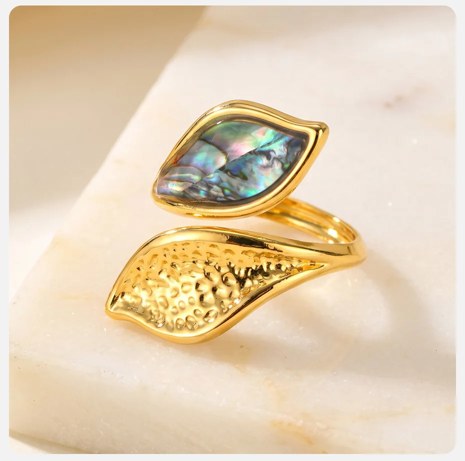 Vnox Mehrstiliger Unregelmäßiger Geometrischer Abalone-Muschel Offener Ring für Frauen, Goldfarben, Edelstahl, Boho-Strandschmuck – Detail 7