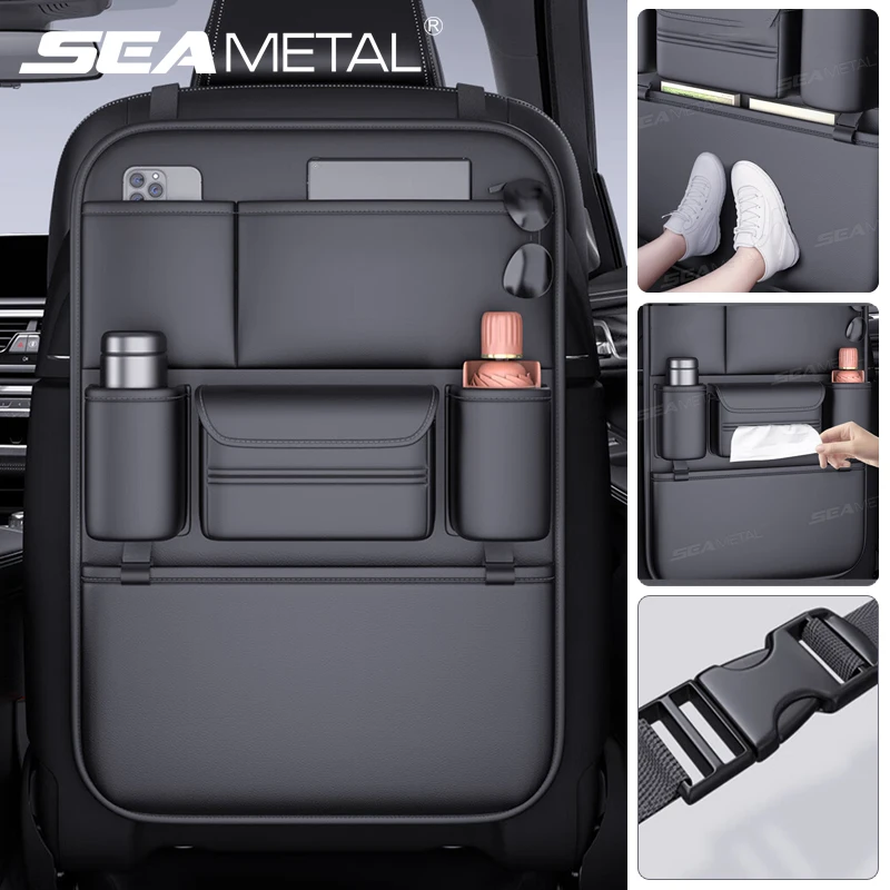 SEAMETAL 6-Pocket Car Seat Back Storage Bag Wear-Resistant Car Backseat Organizer Tissue/Cup Holder Waterproof Anti-Kick Pad