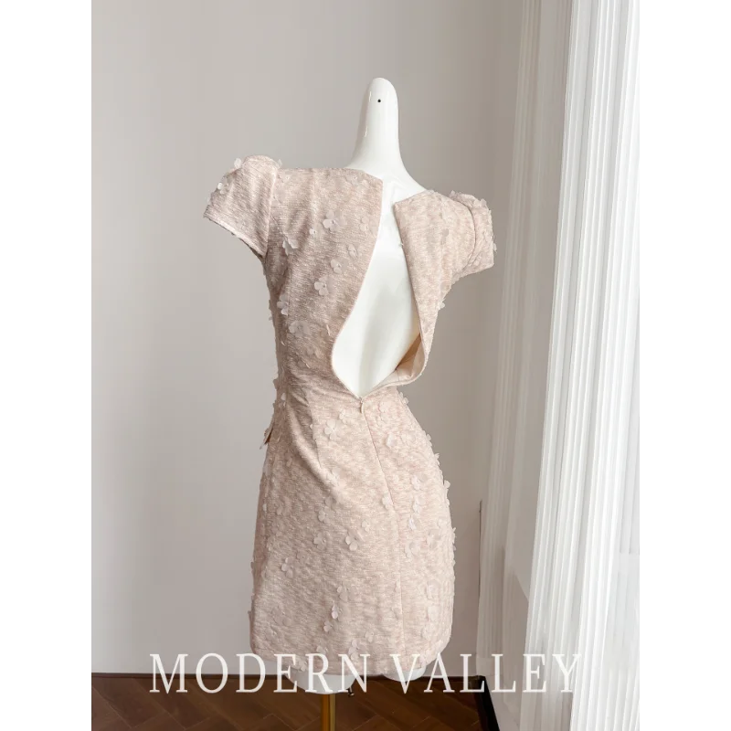 핑크 스퀘어 칼라 빈티지 향수 드레스 여성 여름 프랑스어 고품질 짧은 소매 달콤한 파티 결혼식 여성 짧은 드레스