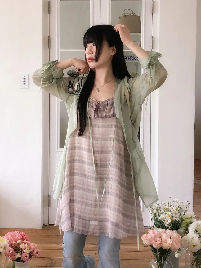 Fre Plaid Women's Summer 2025 New Small Size Inner Ele Sa Chiffon ter Dr Trendy Korean Sle High Waist Midi Skirt