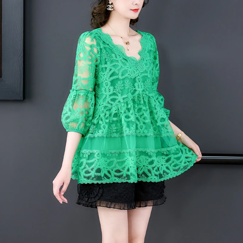 

2024 Spring and Summer New Green Flower Embroidery Mesh Top Women's V- Neck Loose Poached Dress Lace Long Shirt Korean Vestid