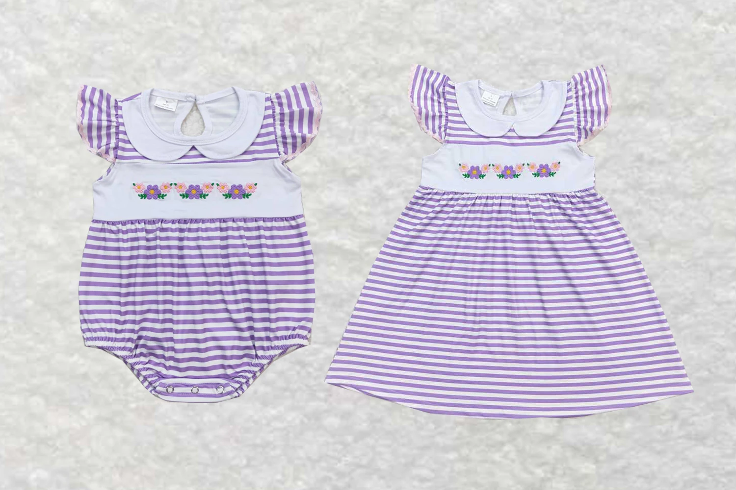 

wholesale western boutique clothing baby girls clothes Embroidered flowers purple and white striped doll collar vest onesie