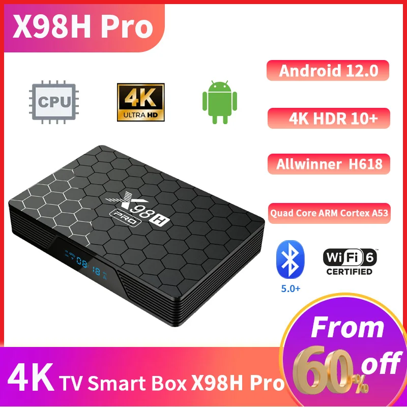 X98H Pro Smart TV Box BT5.0 1000M LAN Google Voice Assistant Android 12.0 4K + WiFi6 Allwinner H618 TV Box X98H Pro Set Top Box
