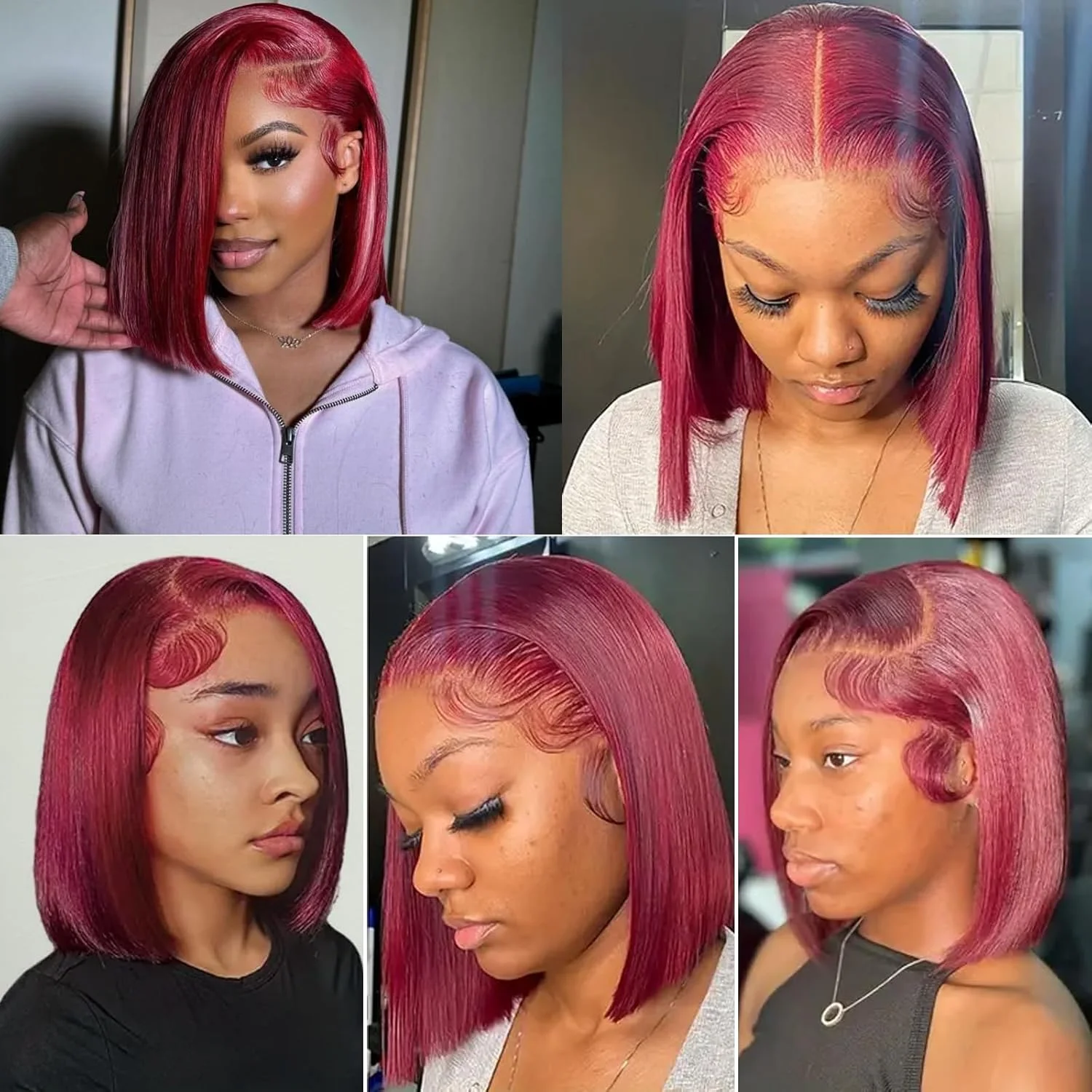 13x4 Lace Frontal Human Hair Bob Wigs 99J Red Burgundy Colored HD Transparent Pre Plucked Lace Front Human Hair Wigs Straight