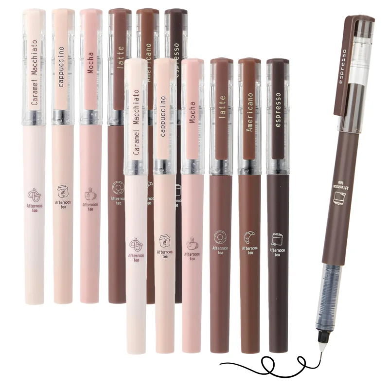 6/12 Pieces Cute Coffee Pen, 0.5mm Black Ink Automatic Ink Control, Rubber Finish Smooth Writing Pens, Gifts for Women, Students