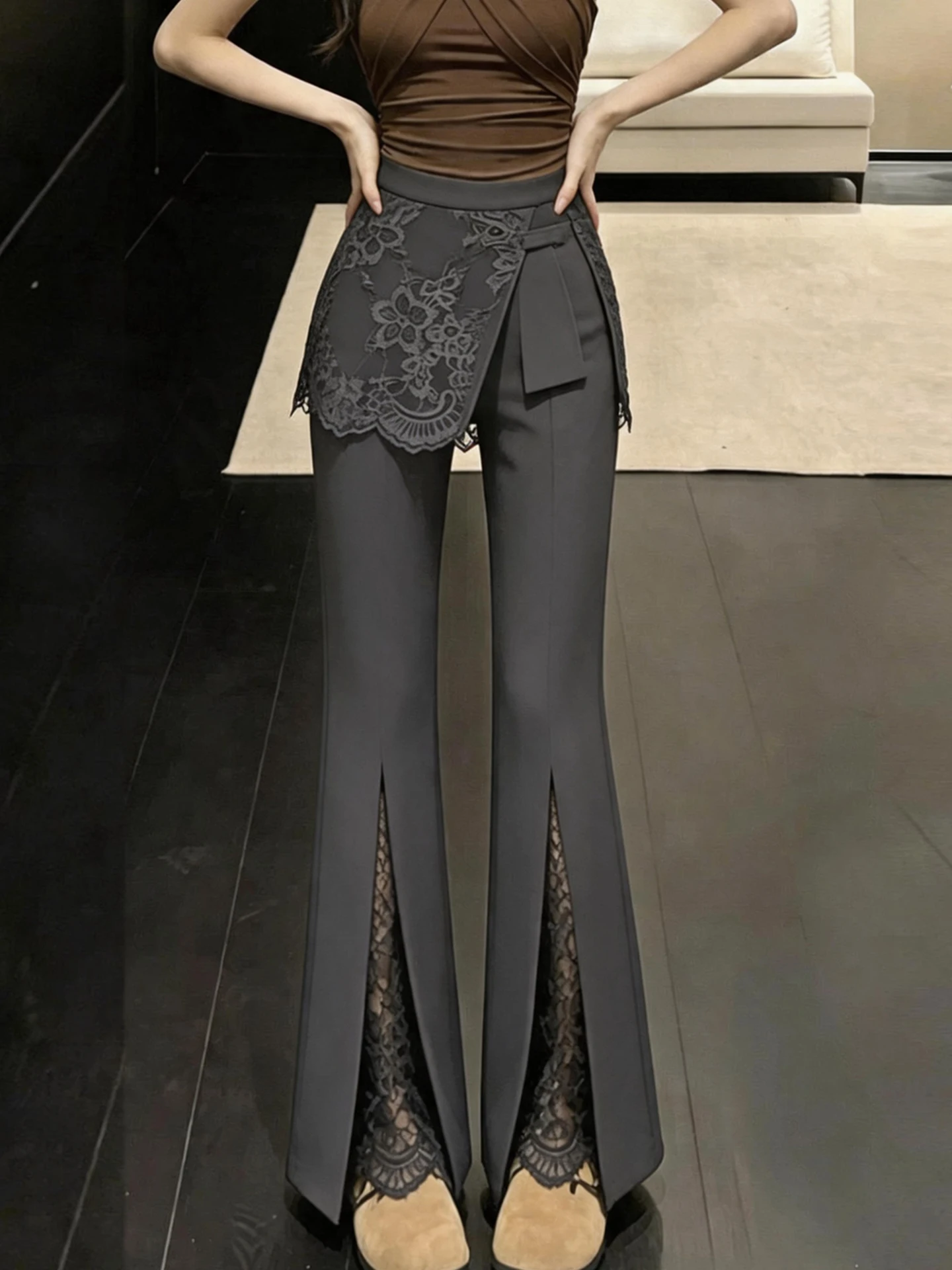 Casual Lace Micro Flared Pants Women's Summer Two-Piece Splicing Casual Slit Pants High Waist Zipper Polyester Fiber Loose Fit