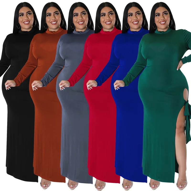 SOMO Plus Size Fall Clothing Women Long Sleeve Fashion High Slit Split Sexy Hollow Out Long Maxi Dress Wholesale Dropshipping