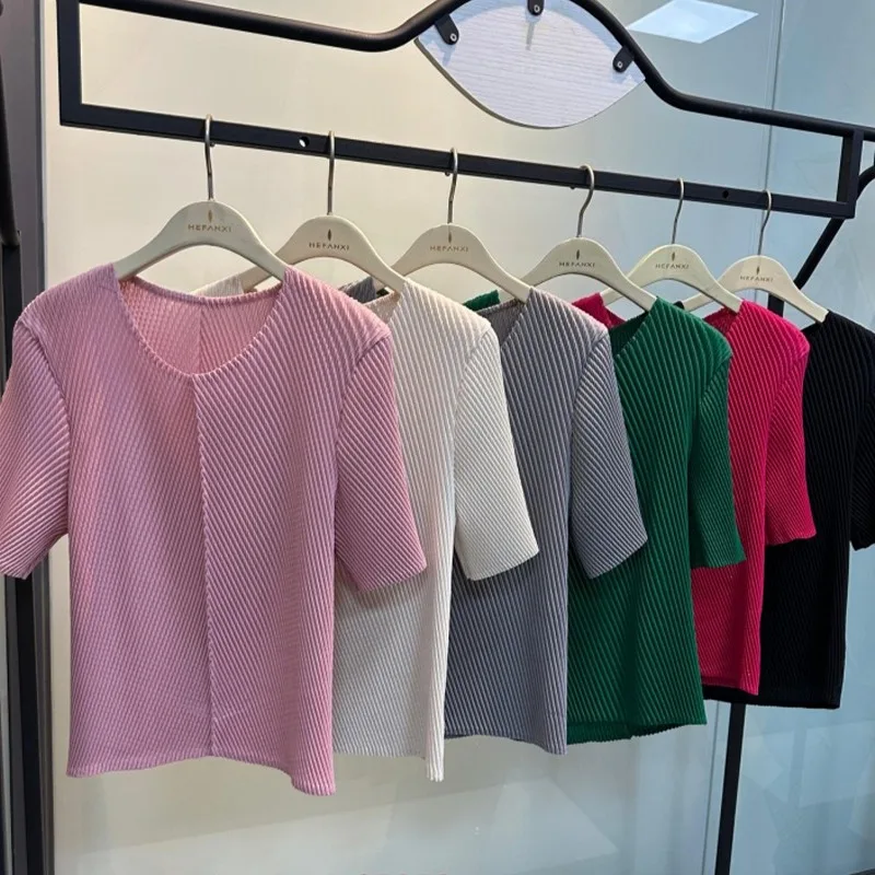 

Miyake Pleated Short-sleeved T-shirt Summer New Simple Solid Color Versatile Tops Women Casual Loose Commuter Wear with Stretch