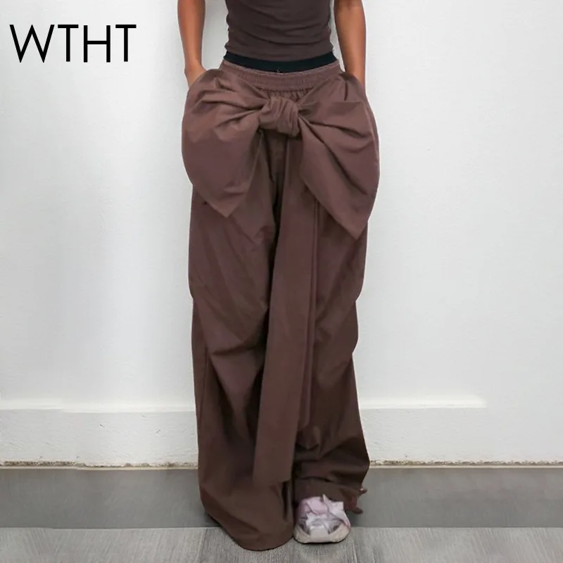 

WTHT модные женские съемные широкие брюки-карго со съемными большими бантами, осень 2022, модные повседневные брюки с эластичной резинкой на талии, женские 1LS2349
