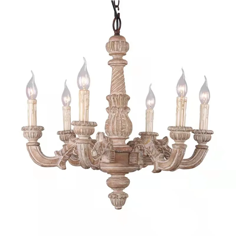

American Retro French Solid Wood Carved Pendant Lamps Living Room Bedroom Dining Room Farmhouse Wine Cellar Chandelier