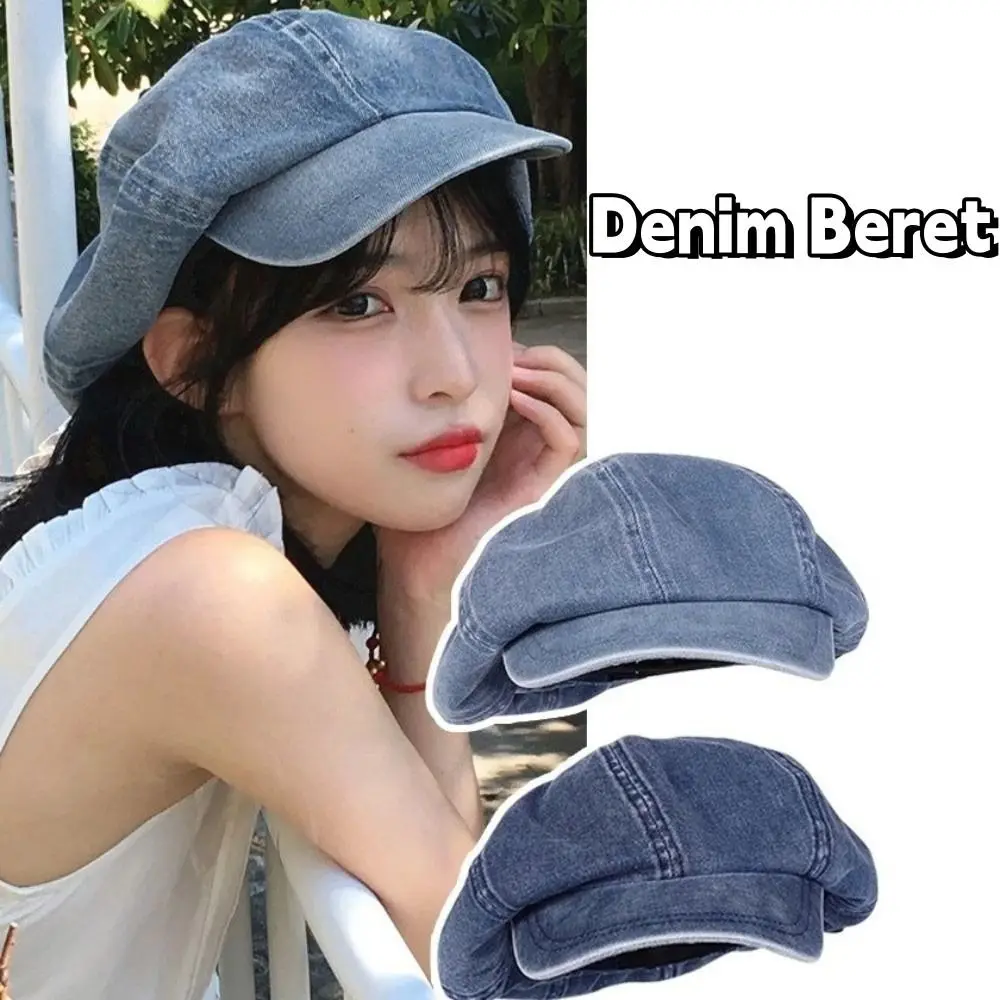 

Fashion Washed Cloth Denim Beret British Style Korean Style Newsboy Cap Head Circumference Cloud Hat Outdoor