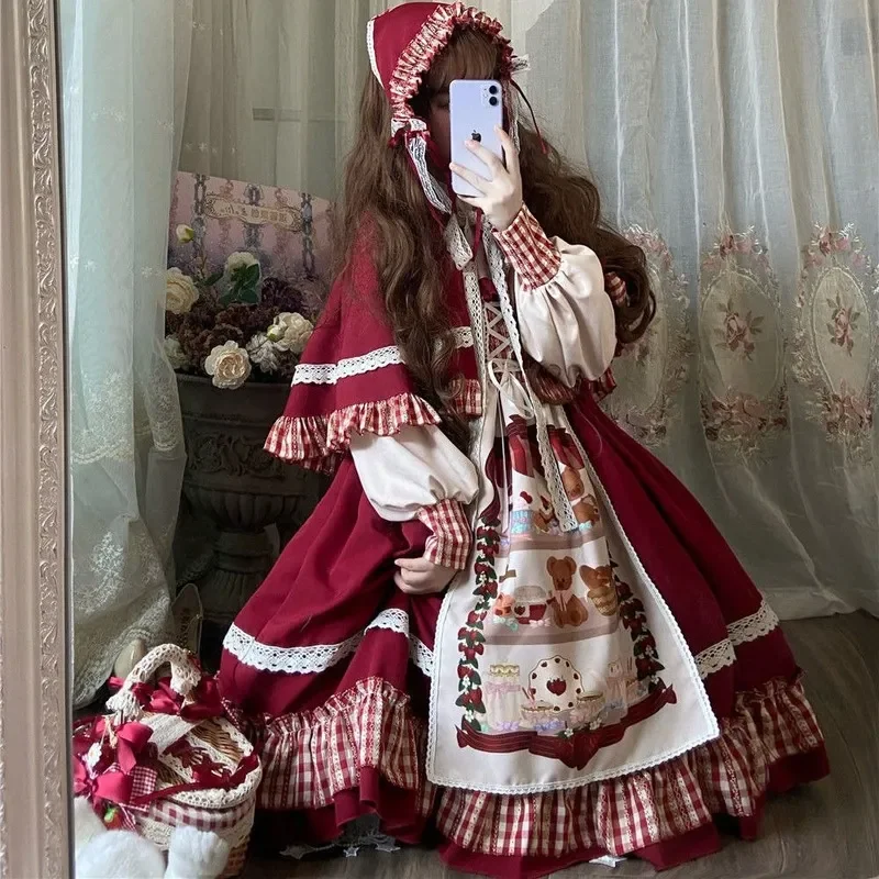 Boże narodzenie sukienka Lolita Kawaii kobiety nowy rok 2023 urocza koronka falbany Patchwork Puff sukienka z długim rękawem czerwona księżniczka w kratę